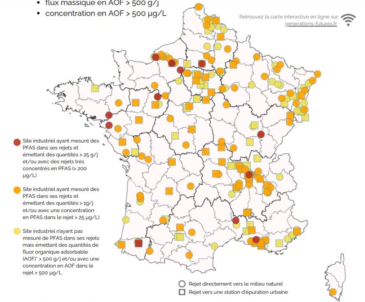 Carte des sites industriels les plus émetteurs de PFAS en France